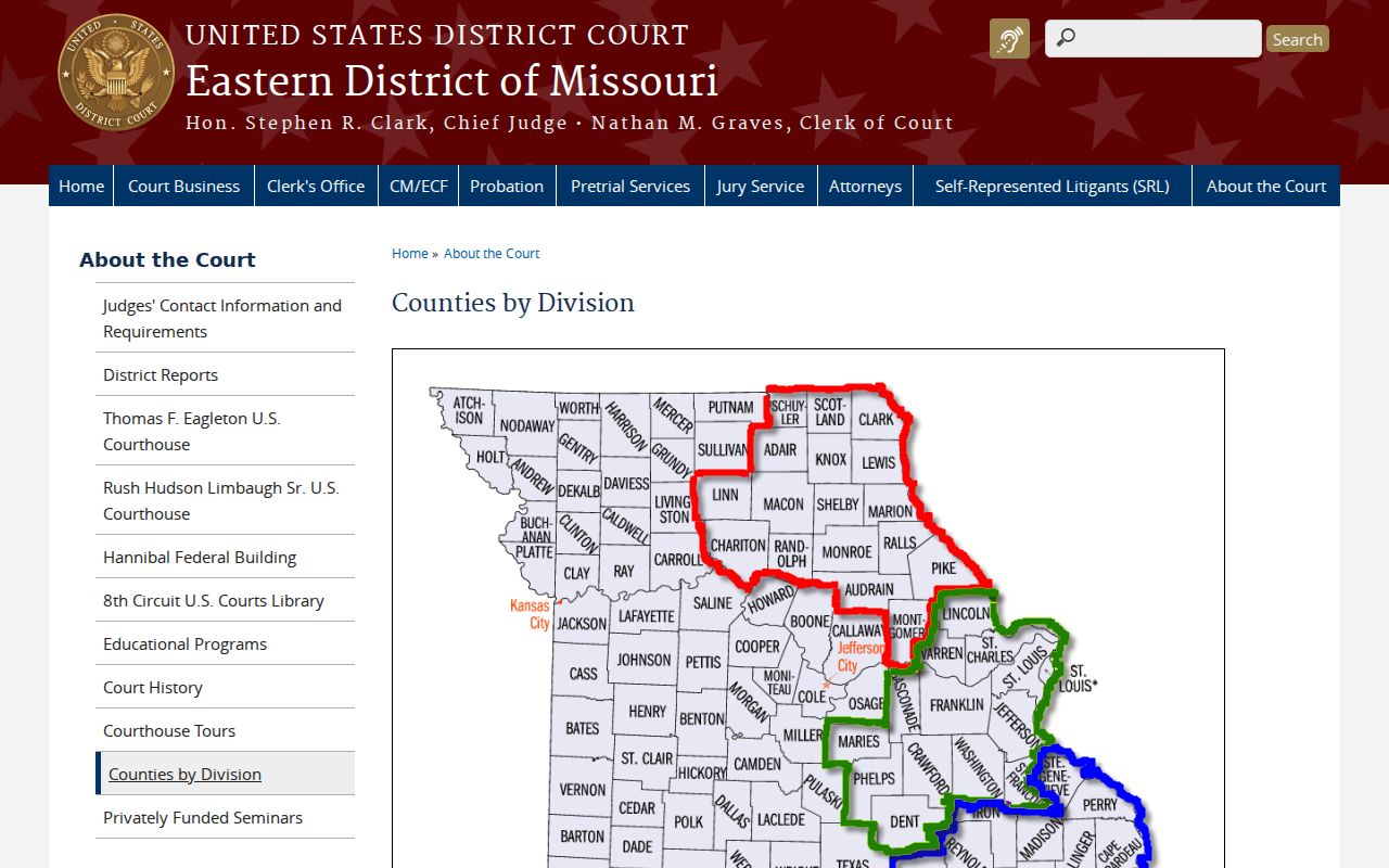 Missouri federal Eastern District map showing county divisions