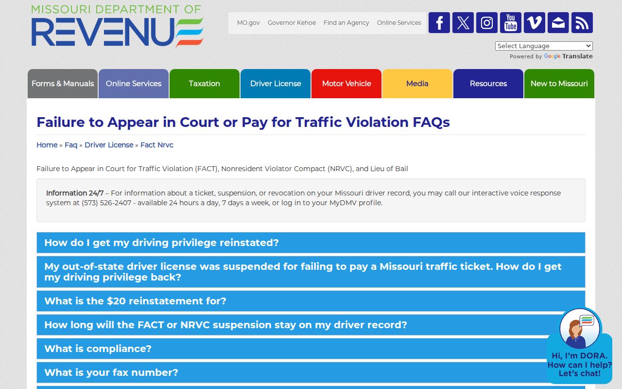 Missouri traffic court record and DOR FACT and NRVC help