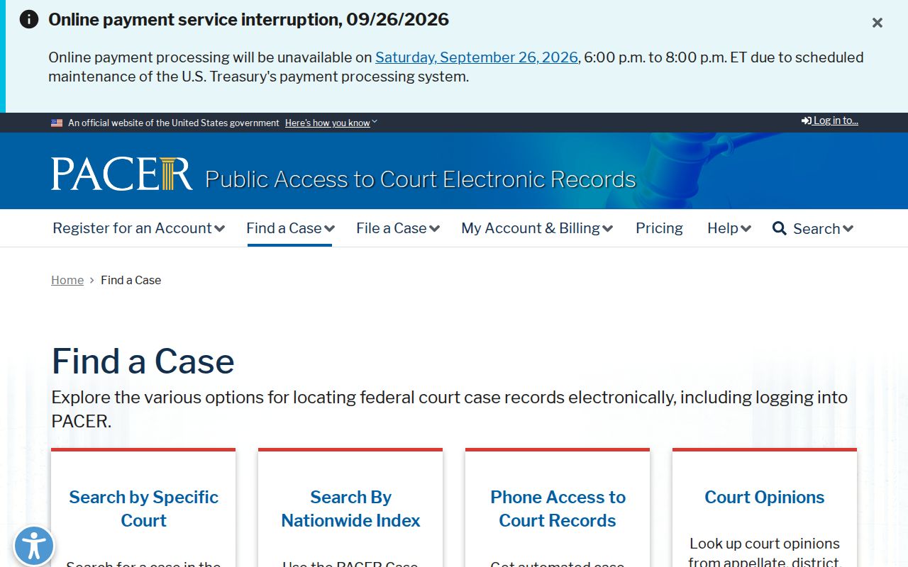 Missouri federal case lookup page in the PACER Case Locator
